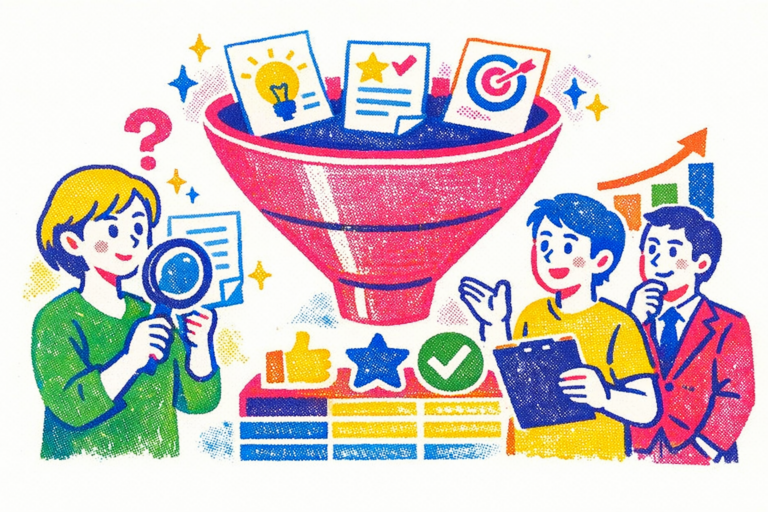 複数のキャッチコピー案を比較しながら、最適な言葉を選び抜く制作工程を表現したイメージ