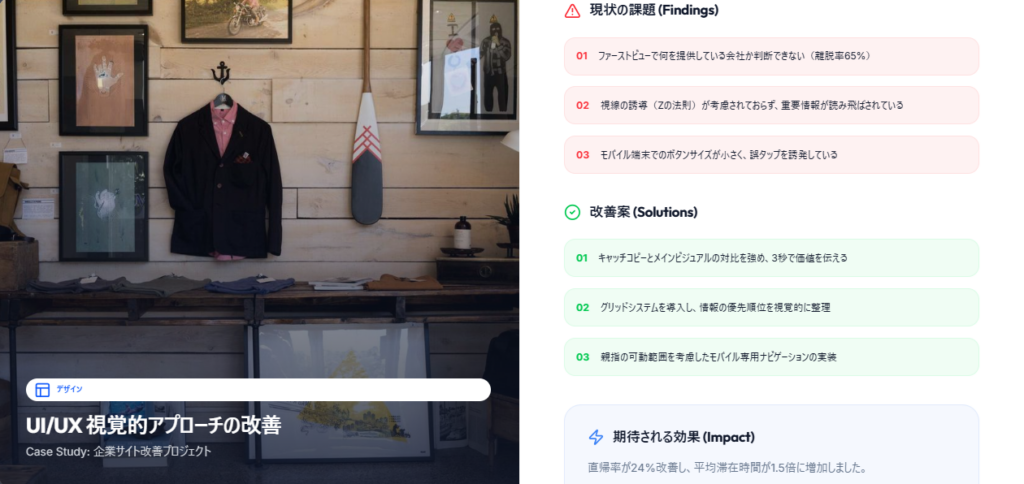 ホームページ診断（HPドック）におけるデザインの課題・改善案・期待される効果を可視化した診断結果イメージ