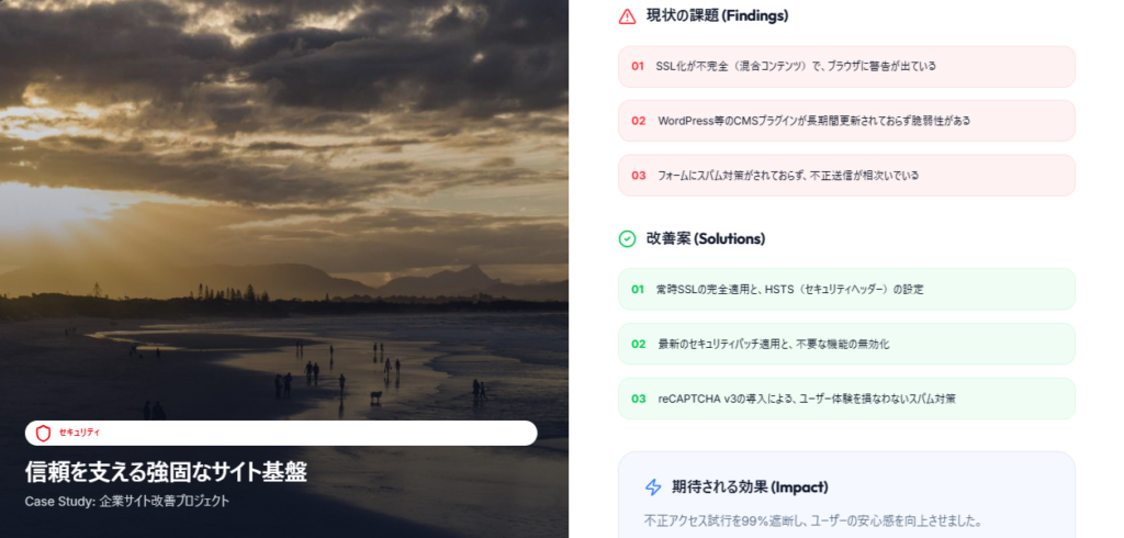 ホームページ診断（HPドック）におけるセキュリティ対策の課題・改善案・期待される効果を示す診断結果イメージ