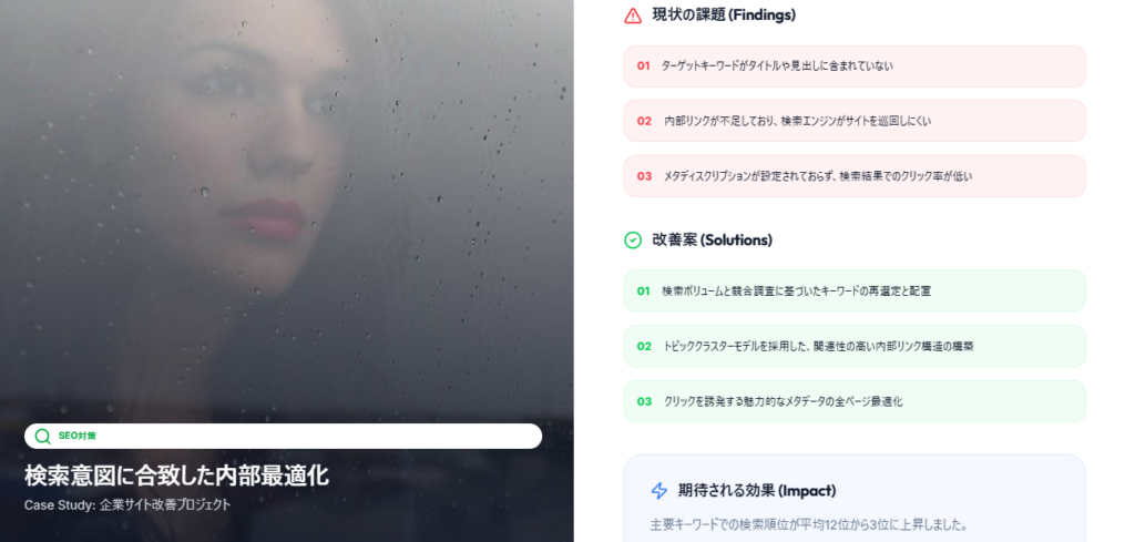 ホームページ診断（HPドック）における検索エンジン対策の課題・改善案・期待される効果を示す診断結果イメージ