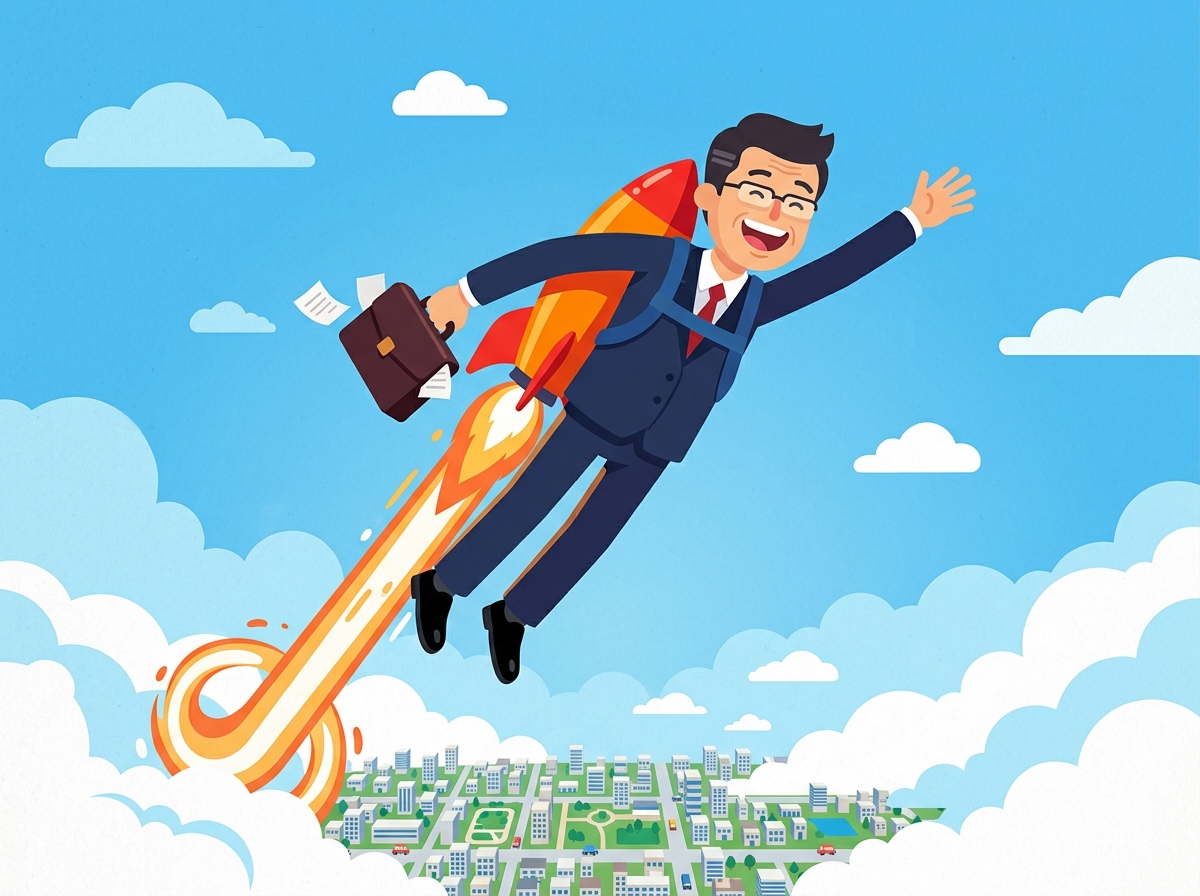 ロケットを背負って青空へ飛び上がる、笑顔のビジネスマンのイラスト（事業の成長と加速のイメージ）
