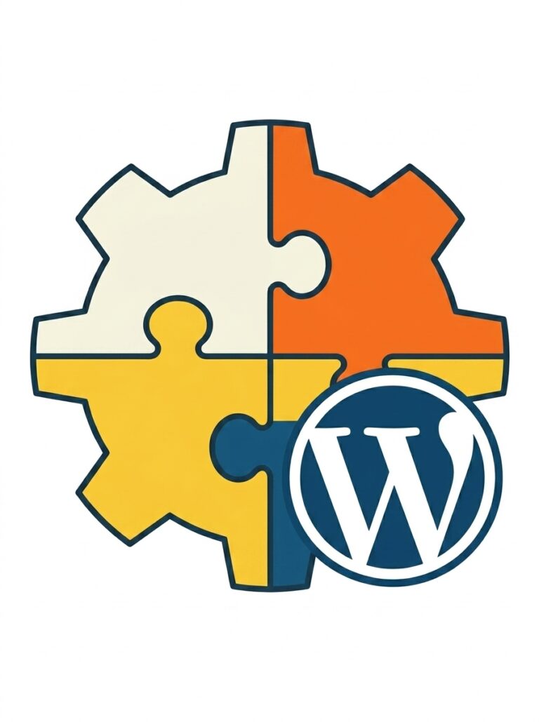 WordPressと相性が抜群なエックスサーバーの仕組みを表現したイラスト。パズルと歯車のモチーフで、簡単インストールや高速化などの連動性を図解。