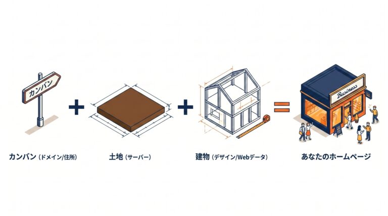 ホームページ制作の仕組みを解説する図解。ドメイン・サーバー・情報設計の重要性を、看板・土地・建物に例えて初心者向けに解説したイラスト。