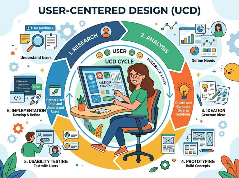 ユーザー中心設計(UCD)のサイクル図。リサーチから実装まで6つの工程と、ユーザーのフィードバックを中心とした制作プロセスの概念図