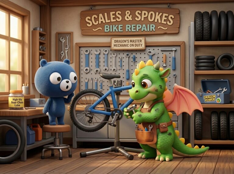 自転車のプロショップで修理をする緑色のドラゴンと、その様子を見守る青色のクマのキャラクターのイラスト