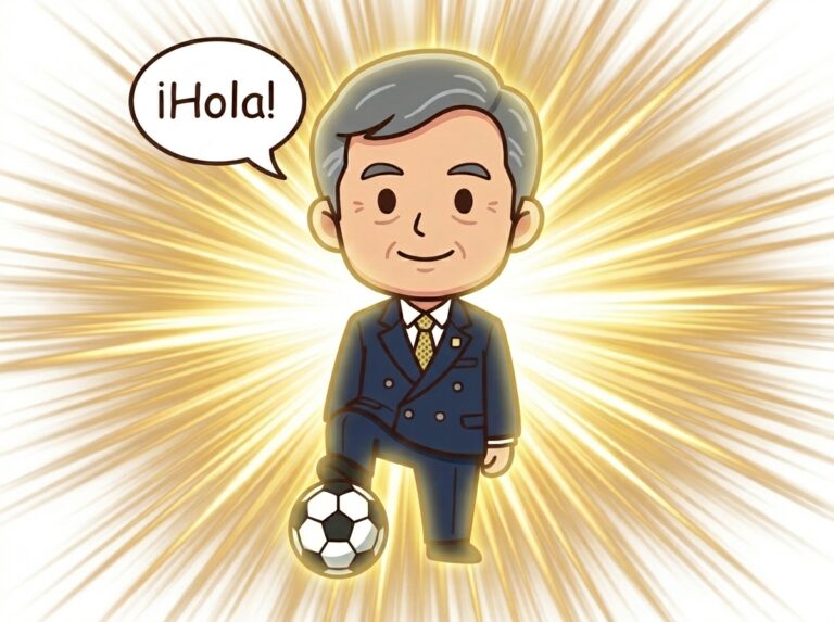 サッカーボールに足を乗せ、後光を背景に「¡Hola!」と挨拶する、スーツ姿の男性のイラスト
