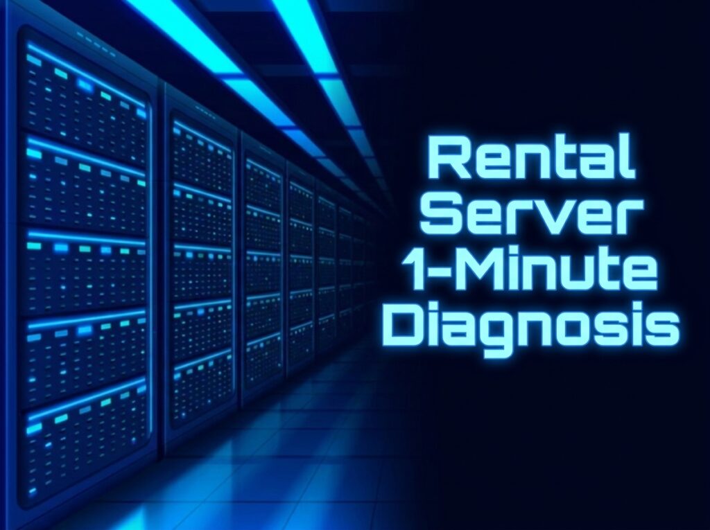 近未来的なデータセンターのサーバーラックの背景に「Rental Server 1-Minute Diagnosis」という青いネオン文字が描かれた、レンタルサーバー1分診断のアイキャッチ画像。