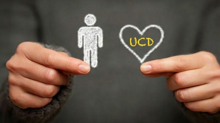 人の形をした切り抜きと、「UCD」の文字が書かれたハートマークを両手で優しく持ち、ユーザー中心設計（UCD）の思想と思いやりの心を表現したイメージ画像