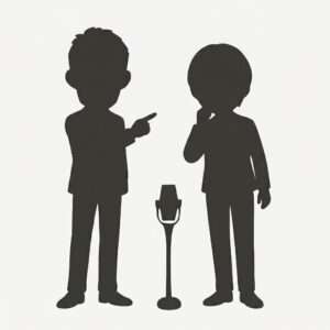 マイクを挟んで立つ2人のシルエットのイラスト