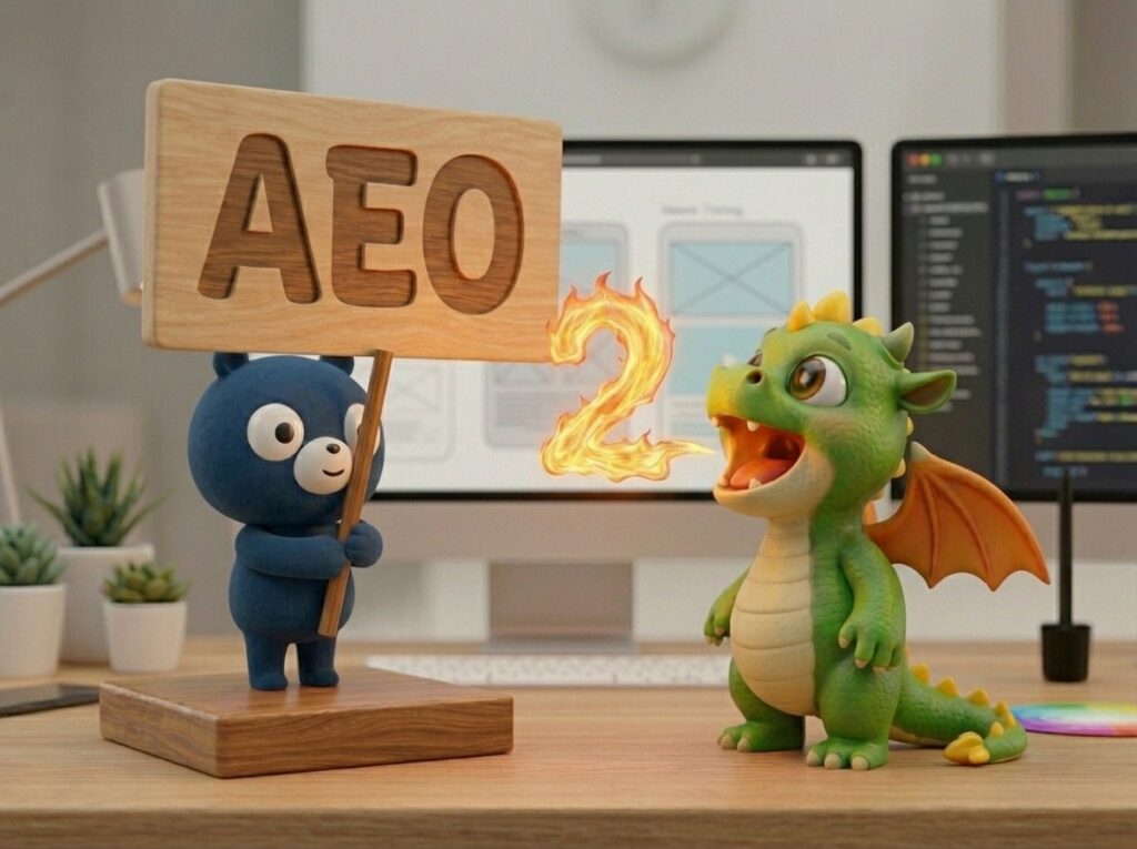 「AEO」のプレートを持つ青いクマと、炎で「2」の文字を吹く緑のドラゴンの3Dキャラクター