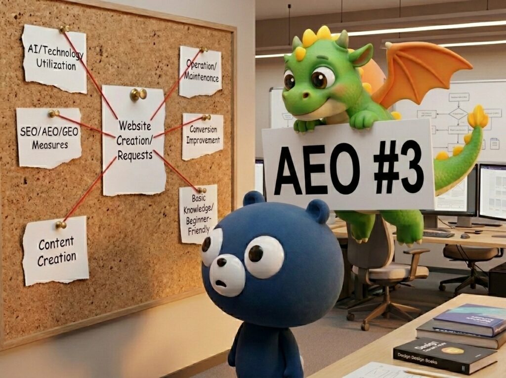 AEO実践レポート第3回のアイキャッチ。ホームページ制作を中心に各記事カテゴリがつながるトピッククラスター構造を表現した画像。