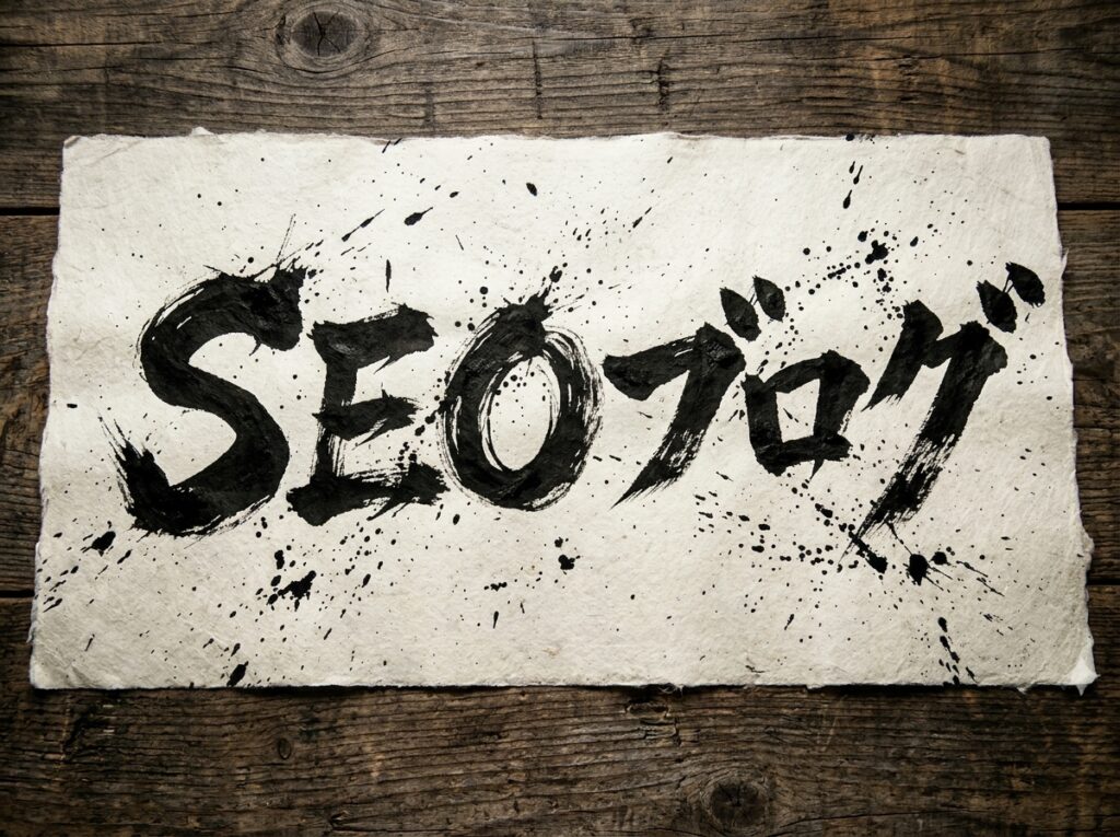 木目の背景に置かれた紙に筆文字で「SEOブログ」と書かれている画像