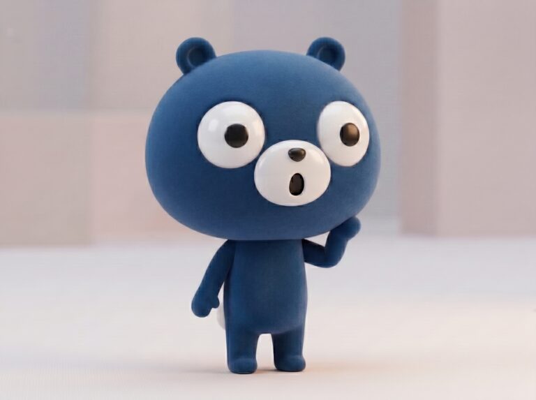 片手を上げて立つ、大きな瞳と青い体が特徴のくまの男の子Rise（ライズ）の3Dイラスト