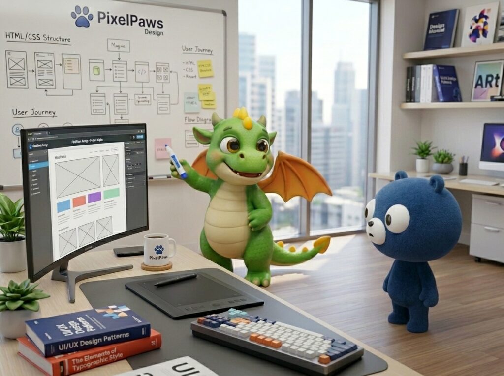 Webデザインオフィスのデスクで、パソコン画面やホワイトボードの構成案を見ながら打ち合わせをするドラゴンのVisuaとくまのRiseのイラスト