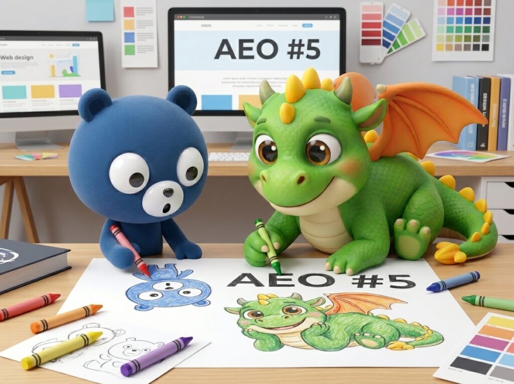 AEO実践レポート#05をテーマに、青いクマと緑のドラゴンがAEO #5のイラストを描いている様子