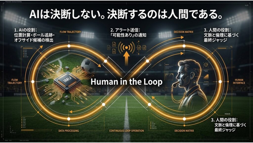 Human in the Loopの概念図。AIが位置計算や異常検知を行い、人間が最終判断を下す意思決定支援モデル。