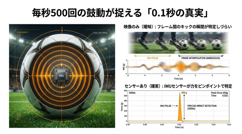 W杯で使用されたIMUセンサー搭載ボール。毎秒500回のデータ取得によりキックや接触の瞬間を高精度で検出。