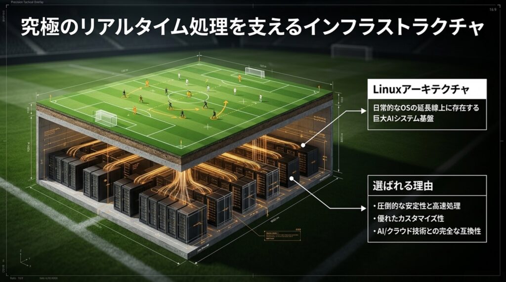 W杯のリアルタイムAI処理を支えるLinuxベースのデータ処理インフラストラクチャ。選手追跡やデータフュージョンを高速処理する基盤。