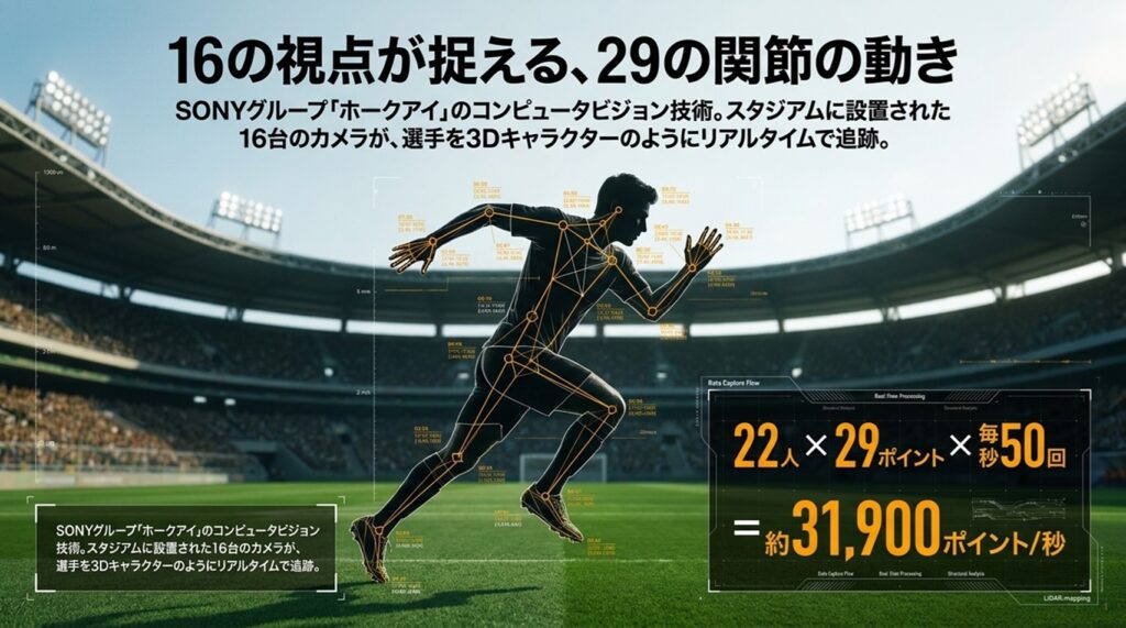 W杯で活用されたAIによる選手トラッキング技術。16台のカメラで29の関節ポイントをリアルタイム解析。