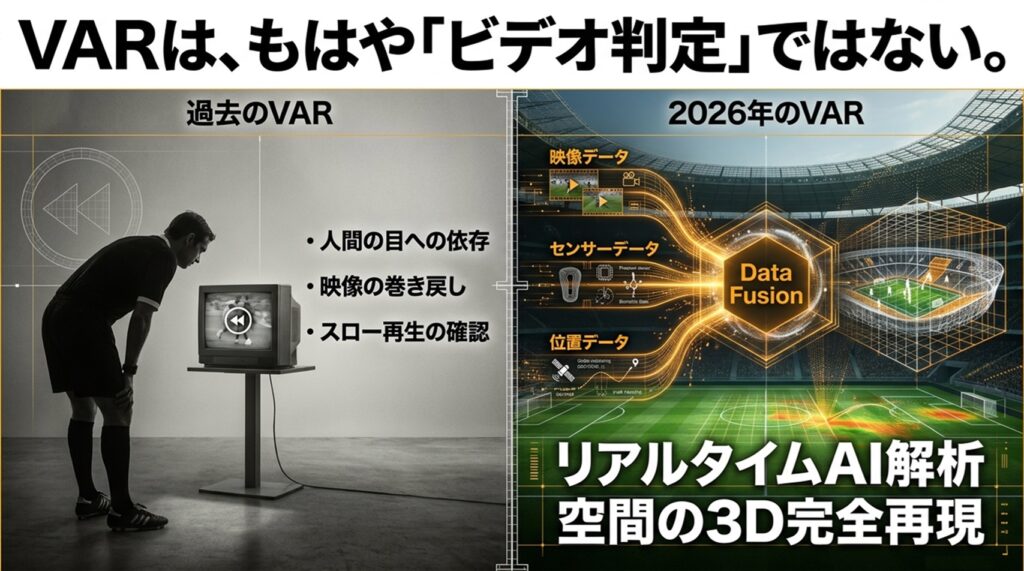 従来のVARと2026年W杯のData Fusion型VARを比較した図。映像、センサー、位置情報を統合して3D空間をリアルタイム再現する仕組みを示している。