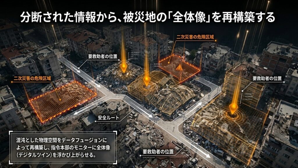 データフュージョンによって被災地の状況を可視化し、要救助者の位置や安全ルート、危険区域を統合表示するライフラインAIのイメージ。