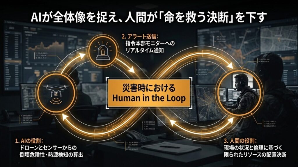 災害対応におけるHuman in the Loop。AIがドローンやセンサー情報を分析し、人間が救助や支援の最終判断を行う意思決定支援モデル。