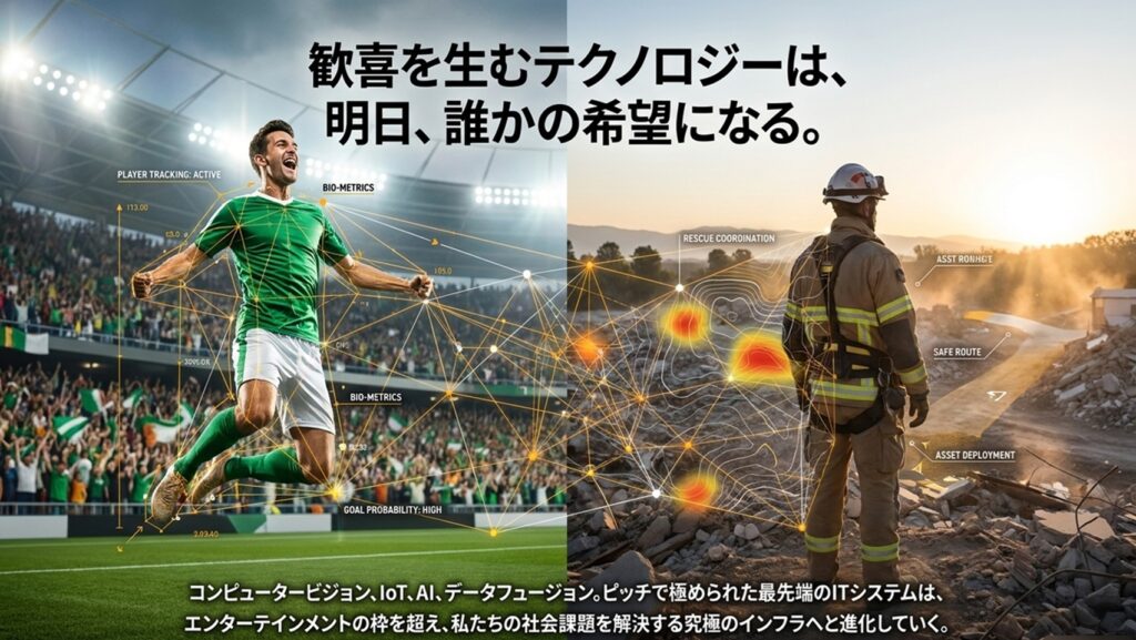 W杯で発展したスポーツテクノロジーが、災害対応や人命救助を支えるライフラインAIへ発展する未来を示したコンセプト図。