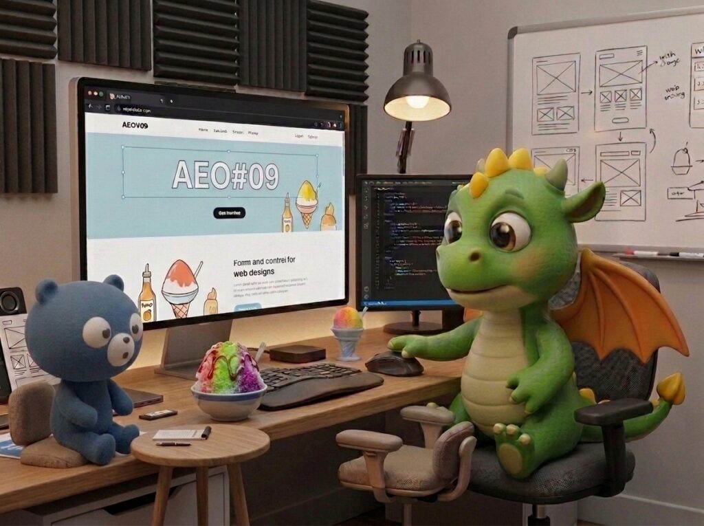 「AEO#09」と表示されたホームページを画面に映すモニターの前で、作業する緑のドラゴンと見守る青いクマのキャラクター。サイト全体のAEO対策をテーマにしたイラスト。