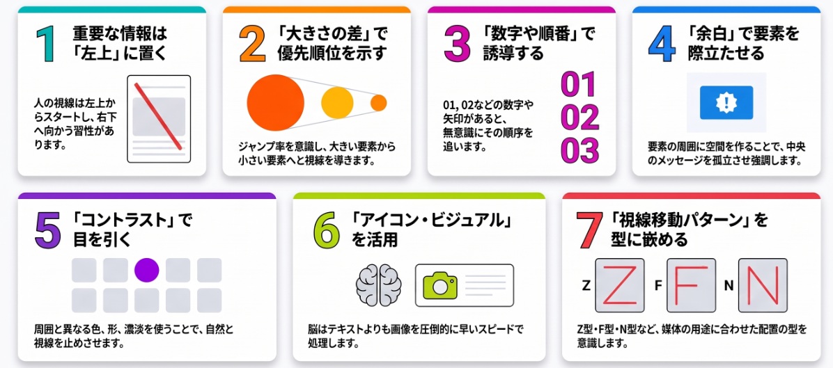 視線誘導の7つのアプローチ（左上配置・大きさの差・ナンバリング・余白・コントラスト・ビジュアル・Z/F/N型）を解説した図解