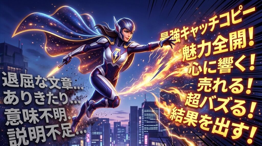 夜の街並みを飛ぶ女性ヒーローと、退屈な文章から最強キャッチコピーへの変化を描いたパワーワード解説ブログのアイキャッチ画像