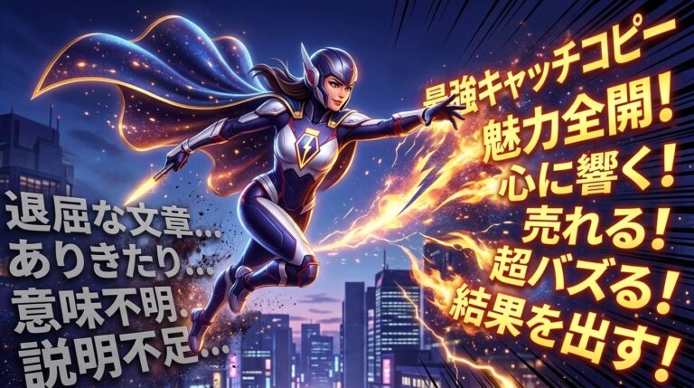 夜の街並みを飛ぶ女性ヒーローと、退屈な文章から最強キャッチコピーへの変化を描いたパワーワード解説ブログのアイキャッチ画像