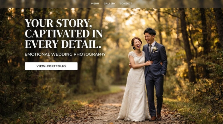 背景を深くぼかし、フォーカスを合わせた新郎新婦が際立つウェディングフォトサイトのファーストビュー（メインビジュアル）